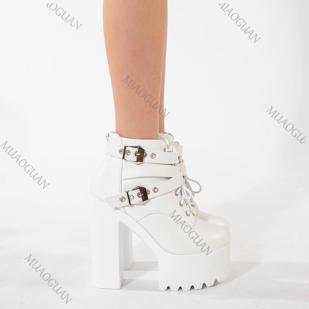 Fashion Gothic Boots Women's Solid Color High Heeled Buckle Strap Fashion Women Shoes Punk Style Thick Bottom Retro Lace-up Ankle Boots