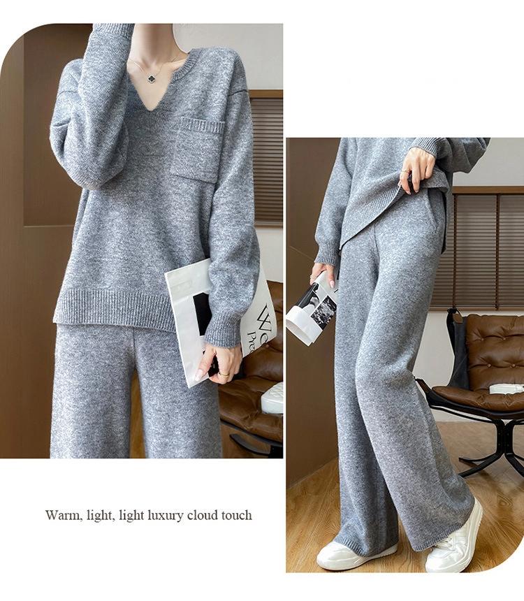 Casual Two-Piece Plus Size Wide-Leg Pants Knitwear Suit with Pockets
