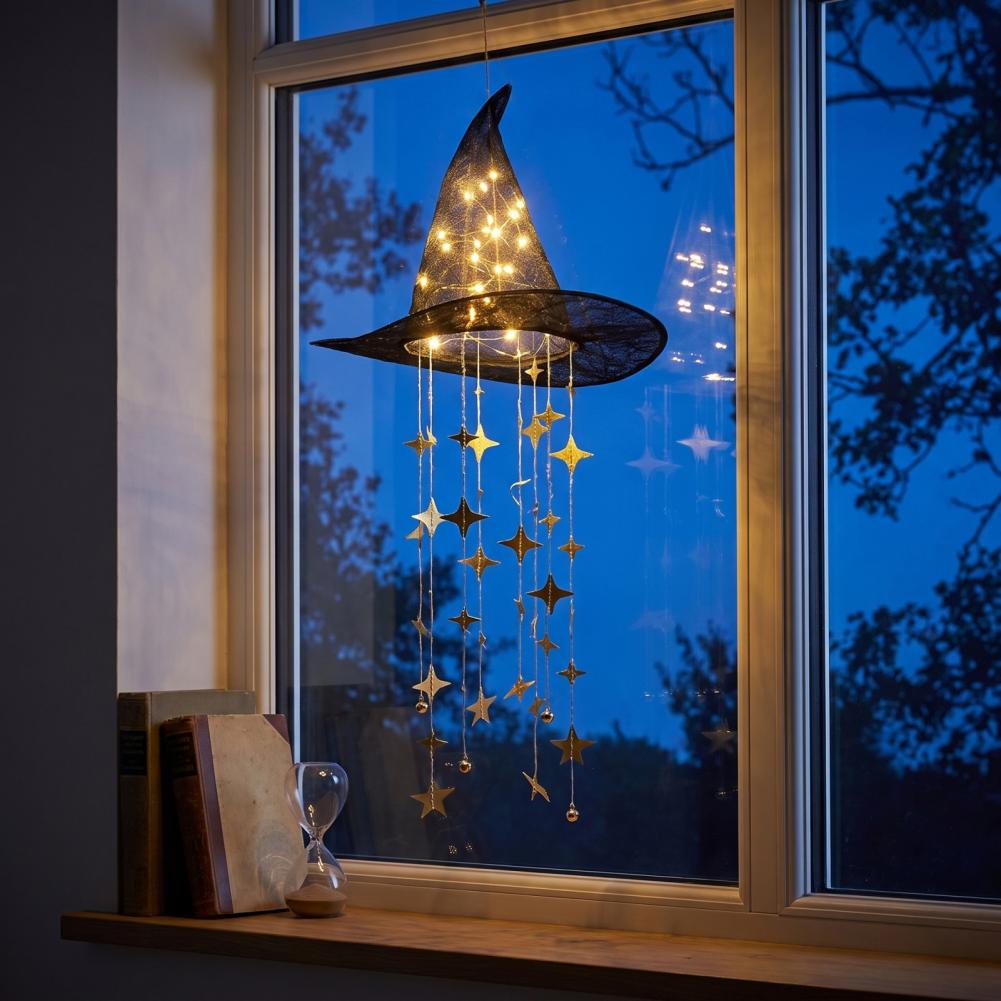 Accessoires Étoile Scintillante à Suspendre Chapeau de Sorcière d'Halloween Décorations Suspendues Carillon Suspendu Chapeau de Sorcière Ornement à Gland Étoile LED d'Halloween