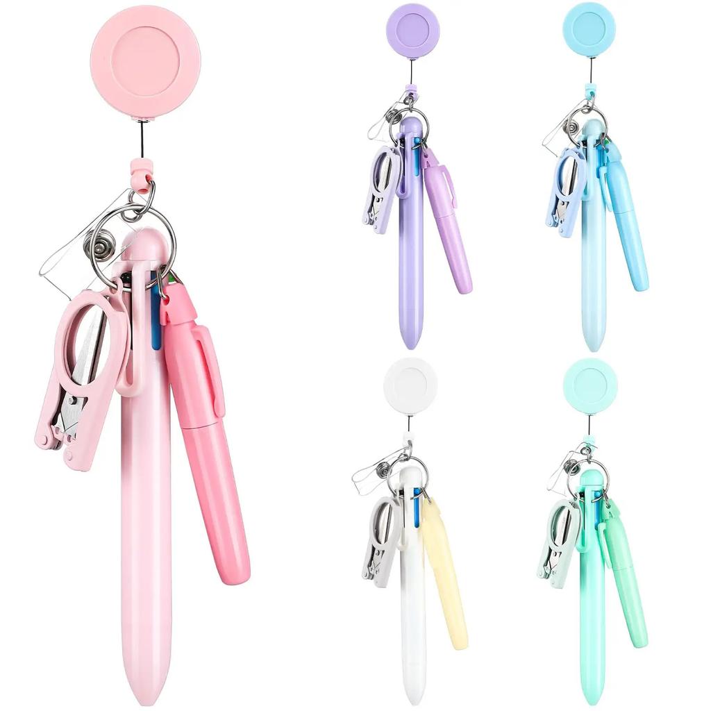 5Pcs Nurse Pen Set Nurse Badge Accessories Mini Retractable Ball Pens Highlighter Badge Clip LED Keychain Folding Scissors