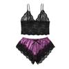 2 Pcs/Set Lady Pajamas Satin Bow Sleeveless Crop Top See-Through Lace Patchwork