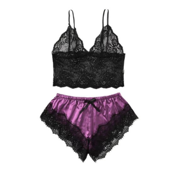2 Pcs/Set Lady Pajamas Satin Bow Sleeveless Crop Top See-Through Lace Patchwork