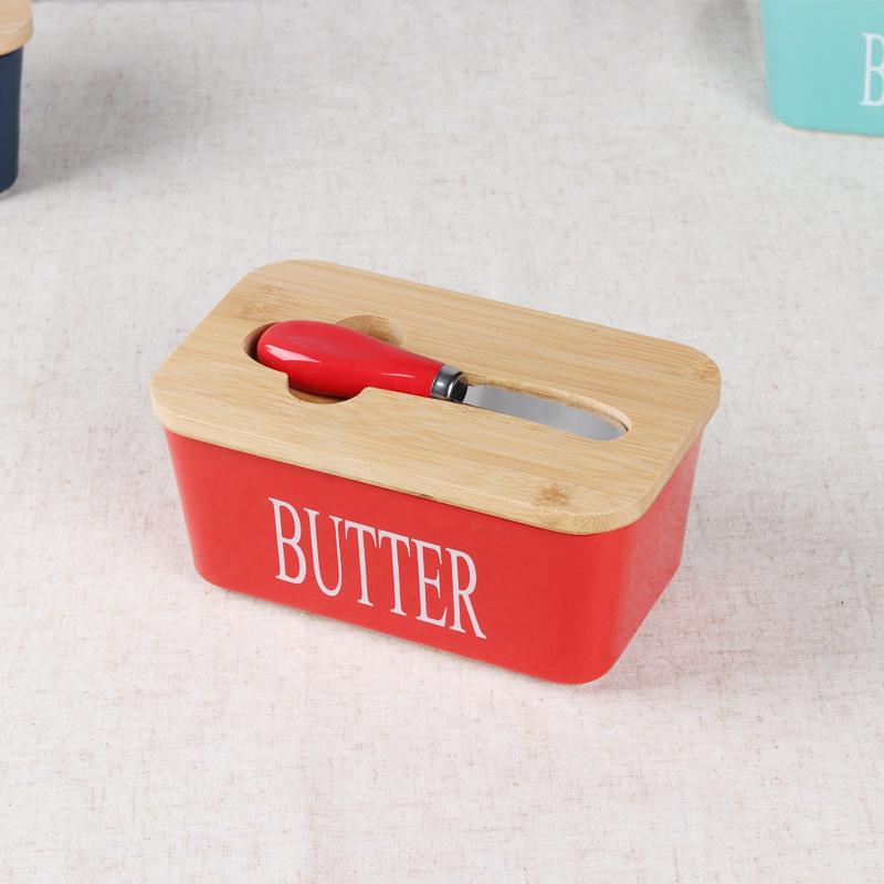 Large Ceramic Butter Dish with Wooden Lid and Knife