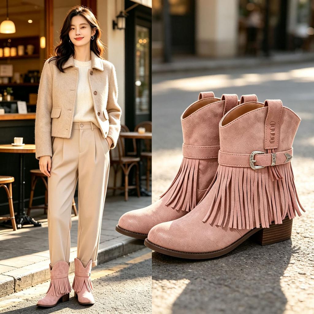 European and American tassel belt buckle western boots, low-heeled suede medium tube women's boots, thick-soled knight boots