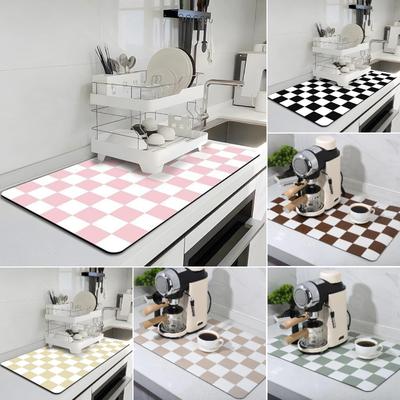 Checkered Print Kitchen Rugs Dish Drying Mat Absorbent Drain Pad Kitchen Carpet Coffee Dish Drainer Draining Mat Tablemat Beauty