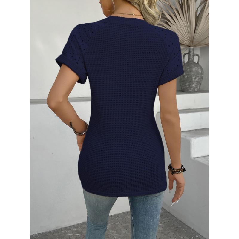 Summer Short Sleeve Thin Hollow Out Women Blouse O Neck Casual Simple Slim Fit Office T Shirt Ladies Fashion Elegant Solid Color Basic Tops Clothes