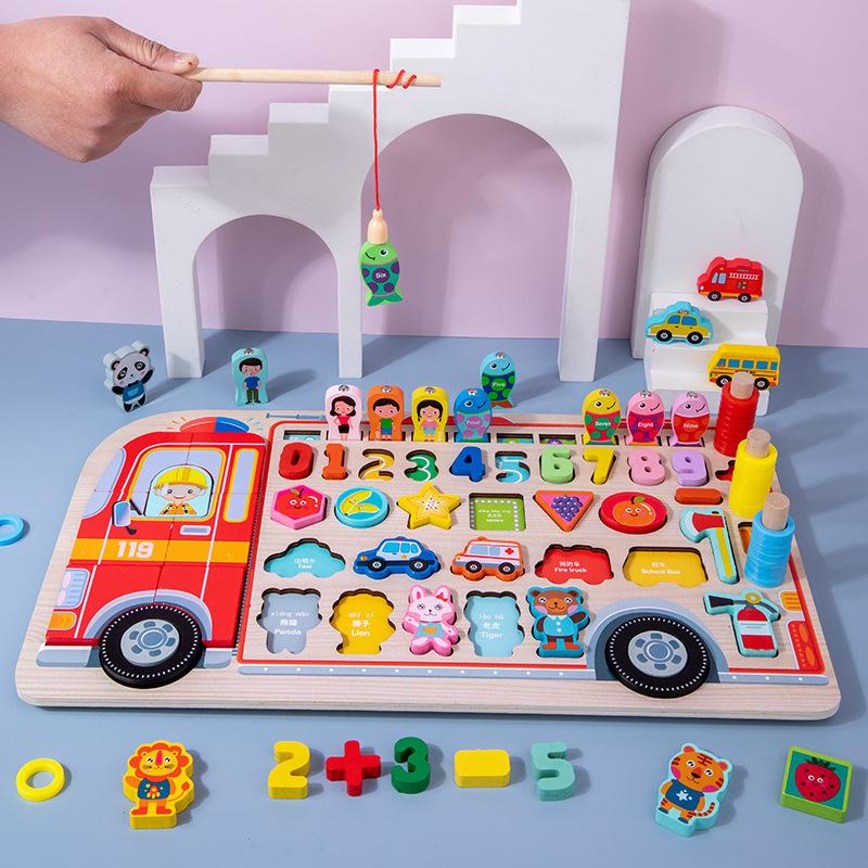 Non-Toxic Montessori Educational Wooden Toys Preschool Children Fire Truck Busy Board Math Fishing Games Early Toys For Kids Xmas Gifts
