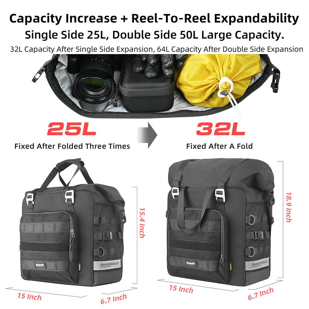 Rhinowalk Waterproof Motorcycle Saddle Bag Quick Release Luggage Bag Large Capacity Side Storage