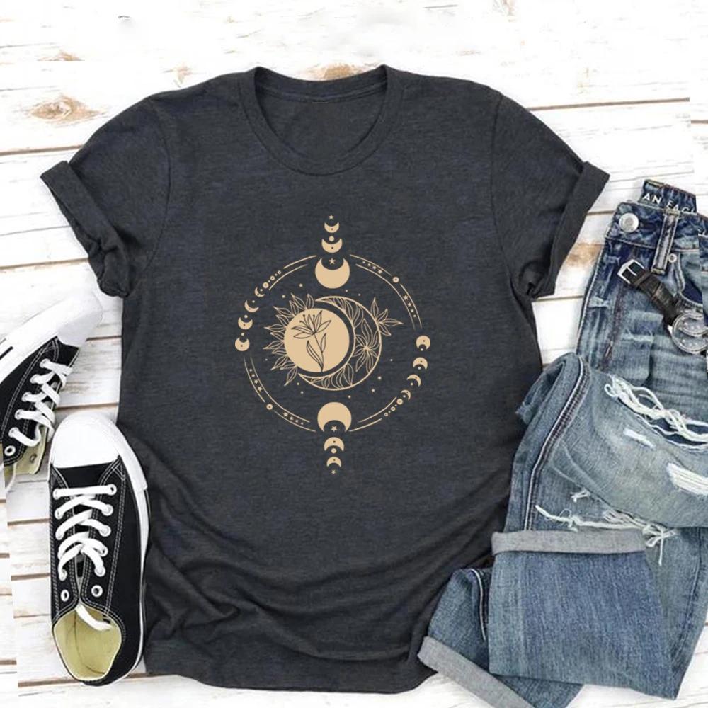 Mystic Moon and Sun T Shirt Mystical Moon Phase TShirt Women ONeck Tshirts Short Sleeve Moon T Shirt Women Clothes Streetwear