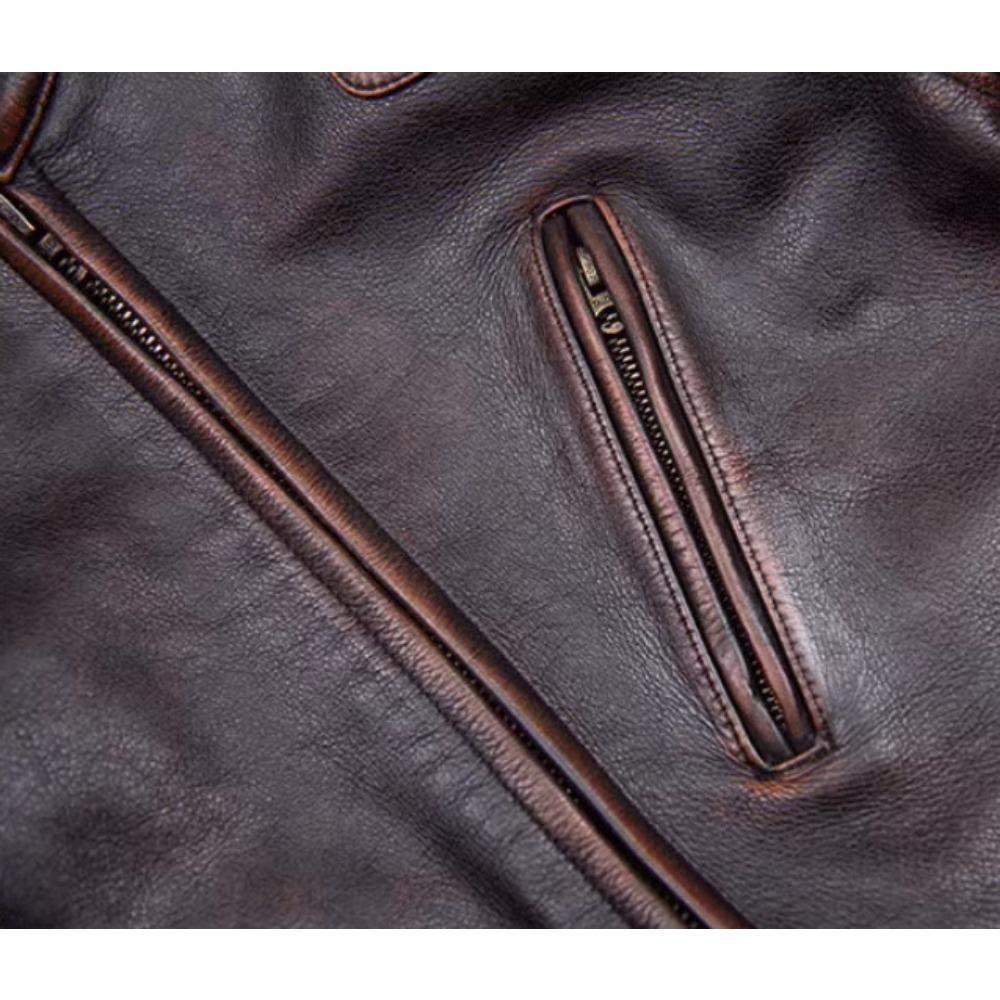 Chinese Size Vintage Men Genuine Leather Jacket Tea Core Cowhide Thickness 1.6mm Tanned Oil Waxed Real Leather Jacket Heavy Thick