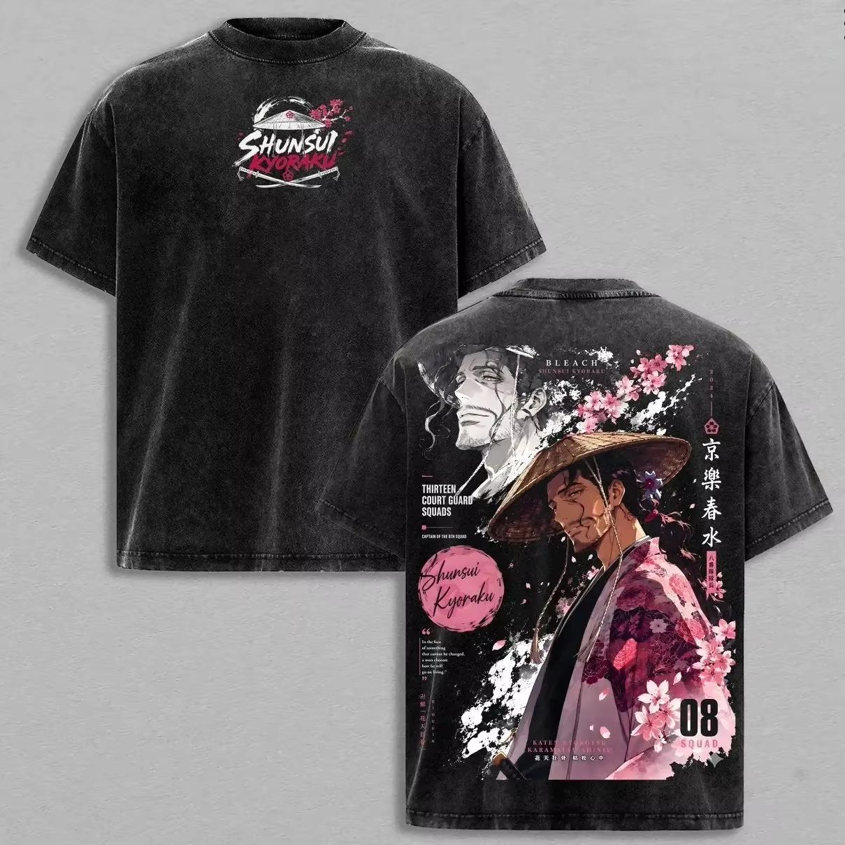 Crew Neck Cotton Summer Short Sleeve T-Shirt Vintage Washed Harajuku Style With Shunsui Kyoraku Print From Anime BLEACH T-shirt L