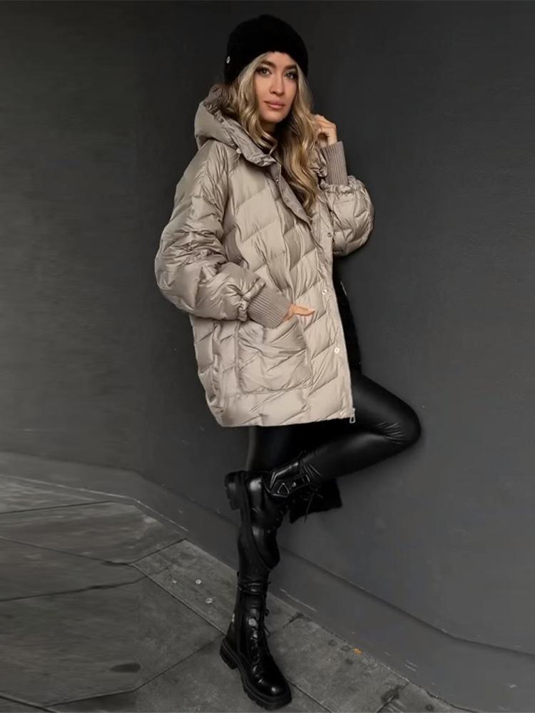 Women's Stand Up Collar Hooded Long Sleeved Zipper Glossy Thick Jacket for Winter