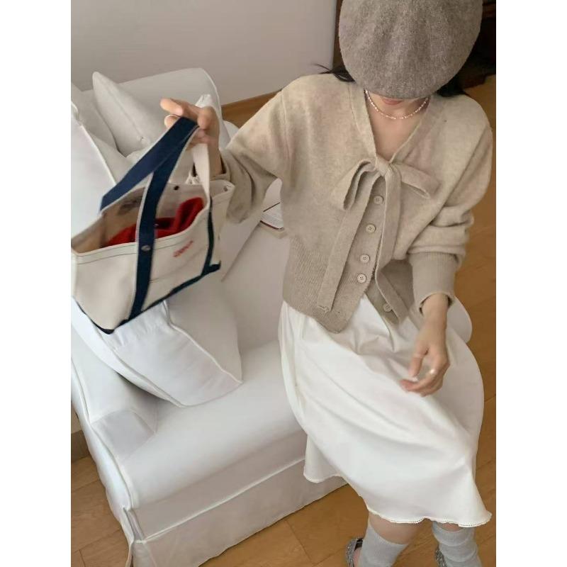Simple Temperament Bow-tie Long-sleeved Knitted Cardigan Women's Casual Versatile Long-sleeved Jacket