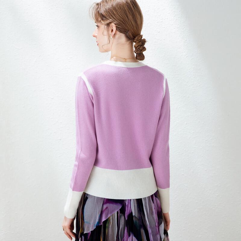 TUHUANG Women's Pure Wool Color-block V-neck Cardigan