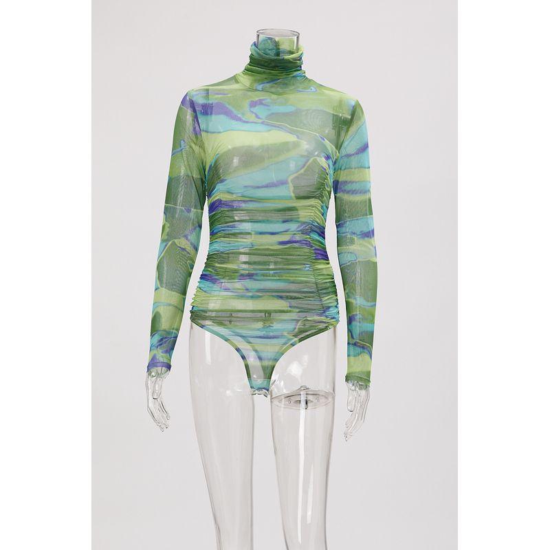 

Шикарный принт Высокий разрез Инь Длинный рукав Эластичный комбинезон Green M