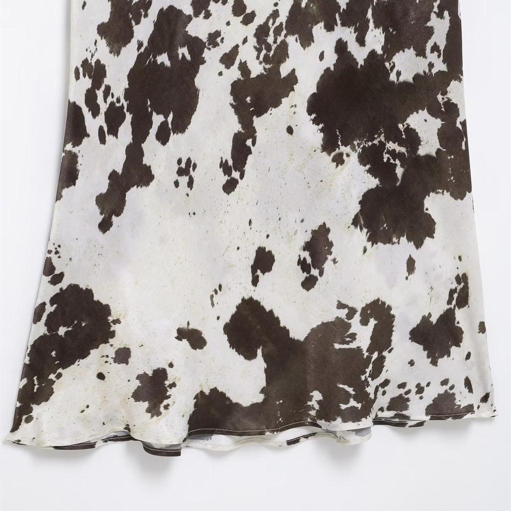 2025 Spring Women's Animal Print Silk Satin Shirt and Midi Skirt Set