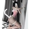 Anime Cosplay Costumes Black Pink Lace Bunny Cosplay Bustier Fishnet Bodysuit with Stocking See Through Jumpsuit