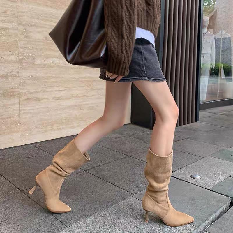 Autumn Pleated Women Mordern Boots Fashion Thin High Heel Mid Calf Booties botas de inverno feminina