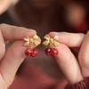 Retro Red Zirconia Pearl Flower Earrings - High-End Hong Kong Style Studs for Women