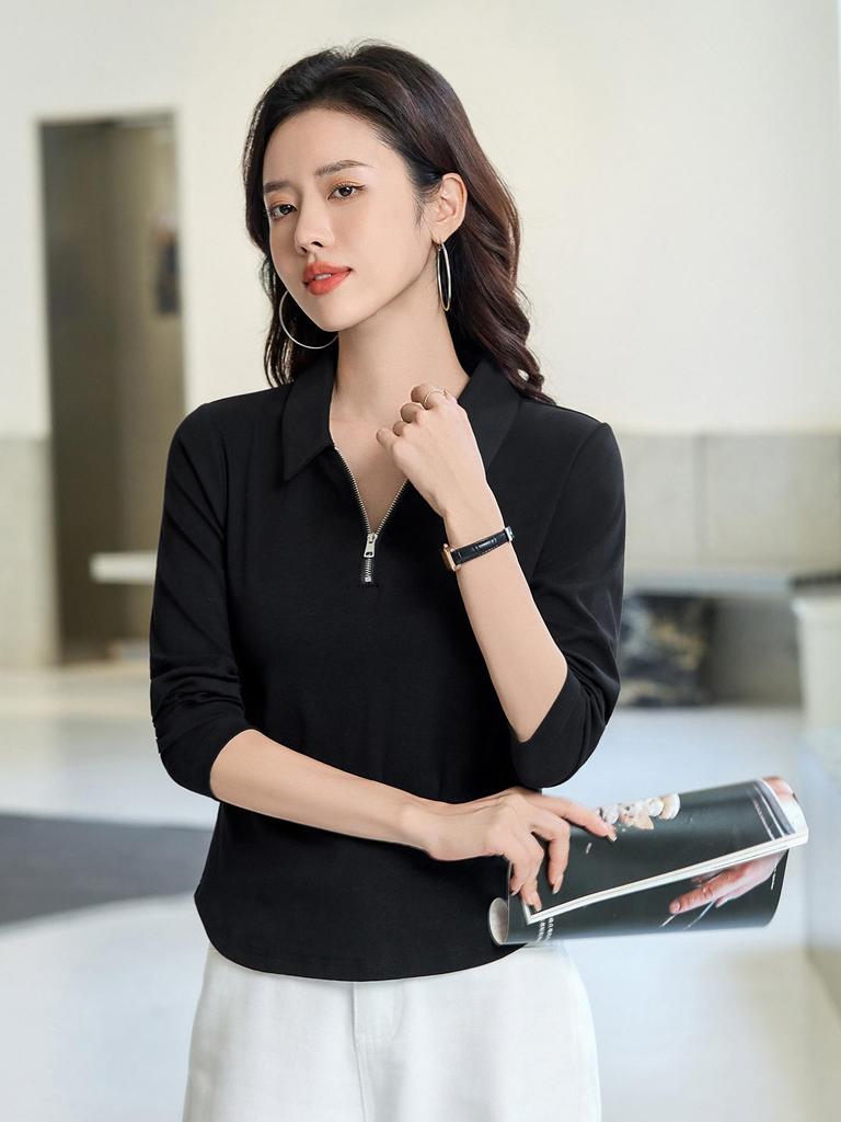 2025 Damen Slim Fit Langarm Polo-Kragen T-Shirt - Einfarbiges Base Layer für Frühling und Herbst