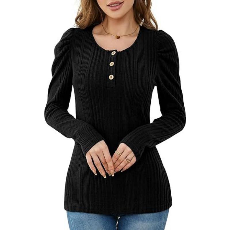 YYFS Women's Fashion Casual Spring Fall Solid Color Print Long Sleeve U-Neck Blouses & Shirts