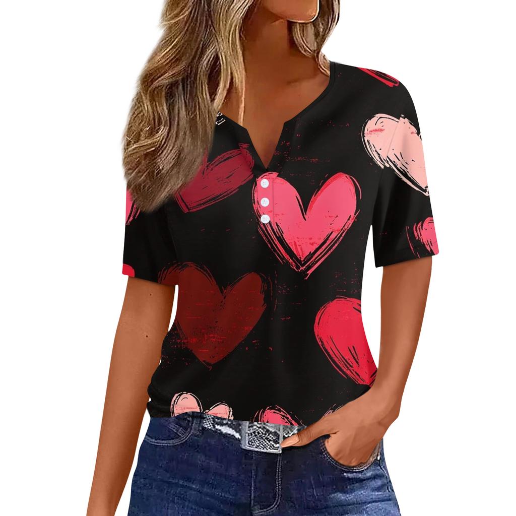 Women's T Shirt Tee Print Button Short Sleeve Daily Weekend Fashion Basic V, Neck Regular Top Valentine's Day