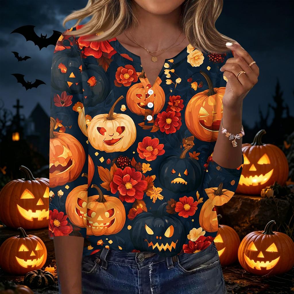 Women's Casual Halloween Print V Neck Button Three Quarter Sleeve T Shirt Top Lightweight Comfortable Fit for Seasonal Wear