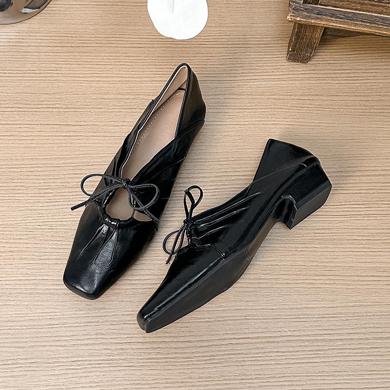 

Cowhide version~ pleated hollow Mary Jane shoes bow handmade leather low-heeled single shoes light mouth small leather shoes women 35 чёрный
