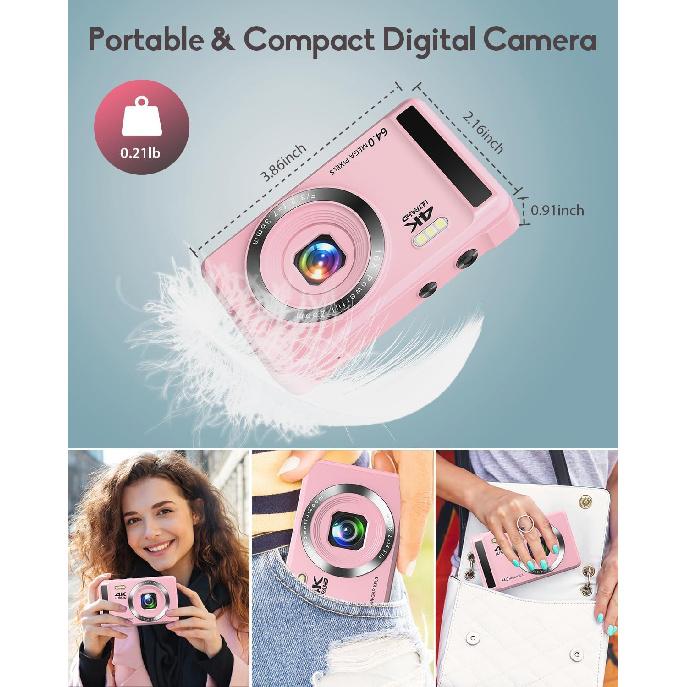 Digital Camera - 4K 64MP Digital Cameras for Photography - UHD Autofocus Point and Shoot Small Camera for Kids - Portable Compact Vlogging Camera