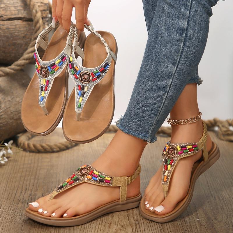 Large Size Sandals Women's New Flat-bottomed Pinch Feet Retro Casual Beaded Bohemian Shoes