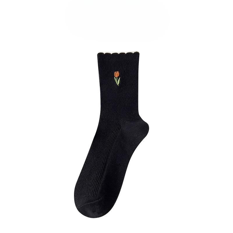 Women's Spring and Summer Tulip Flower Embroidered Mid Calf Cotton Socks