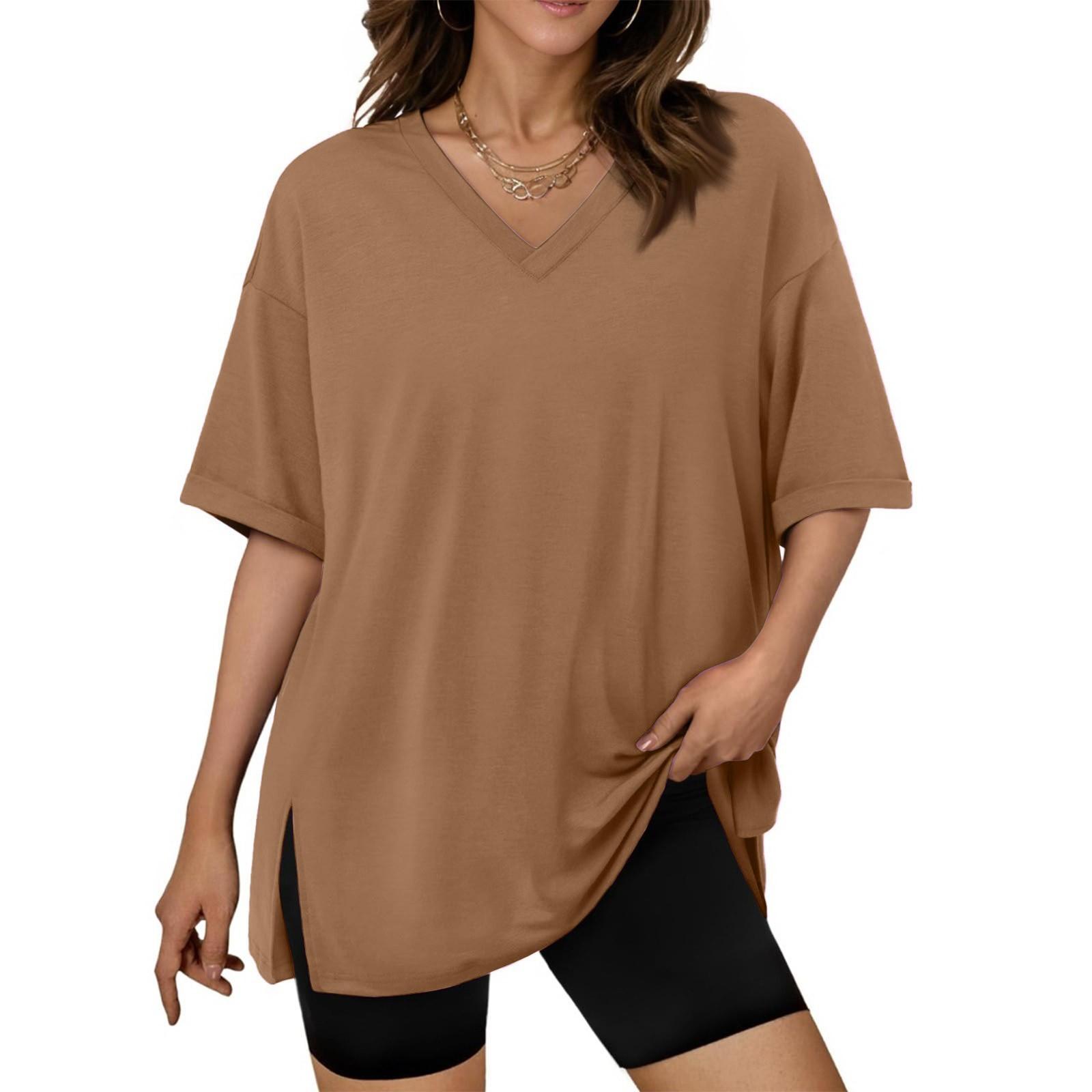 

Большие свободные женские футболки для спортзала, топы больших размеров с V-образным вырезом и коротким рукавом, футболки для тренировок, повседневные свободные футболки L коричневый