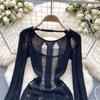 Abito lavorato a maglia senza schienale elegante scava fuori Abito da donna elegante a maniche lunghe sexy Mini abiti a matita Abito coreano sottile di moda di base sottile femminile 2024