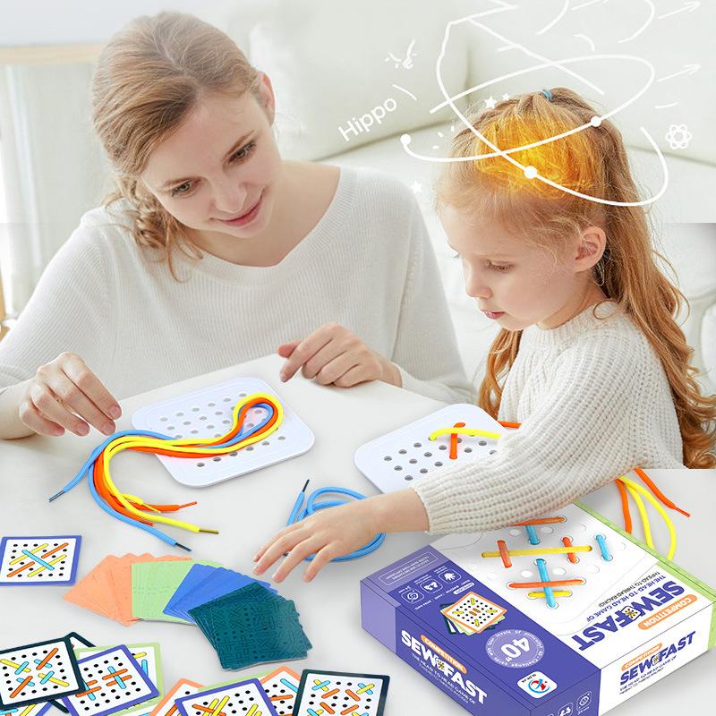 Kids Montessori Wooden Toys Rope Board Fine Motor Skill Training Puzzle Logical Thinking Social Games Early Education Aid