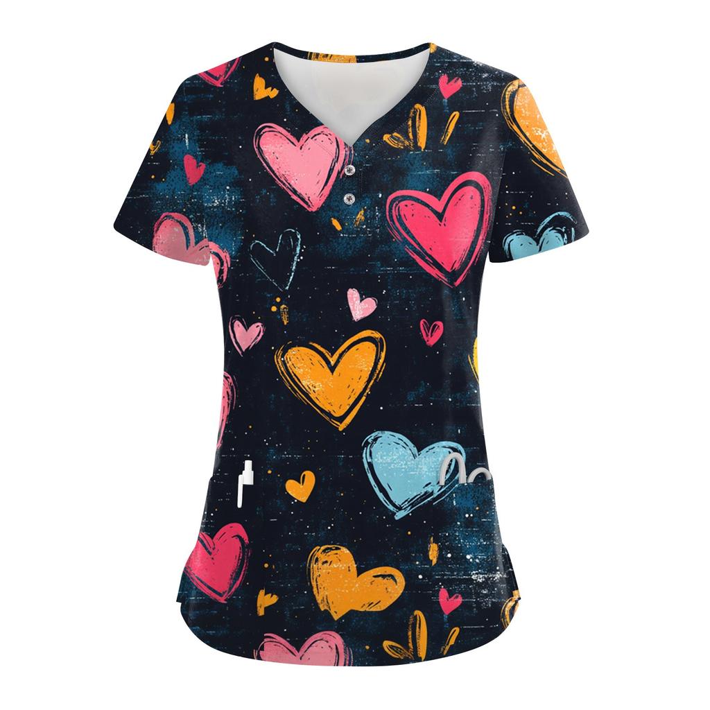 Women's Button V Neck Fashion Casual ChristmasValentine's Day Print Tops Dry-nurse Top,Scrubs Tops For Women,2 Pockets