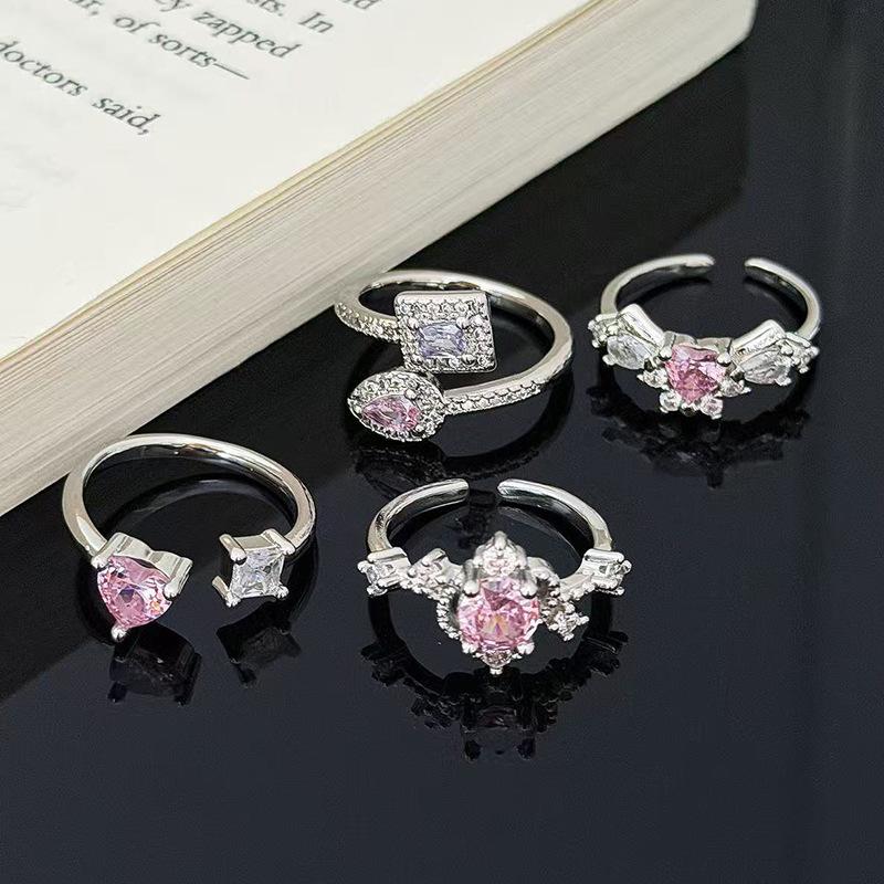 Sweet Crit Pink Zircon Love Open Ring Light Luxury High-End Niche Design Stacked Ring Woman