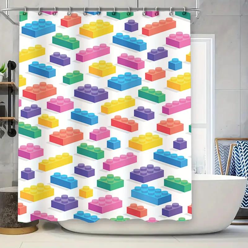Tonnika Chen Brightly Colored Brick Shower Curtain Set Multicolor Plastic Building Blocks Pattern Bath Rug With Hooks For Kids' Bathroom Deco
