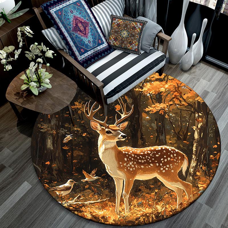 Autumn Forest Deer Round Area Rug,Carpet Rug for Living Room Bedroom Sofa Playroom Decor,Non-slip Floor Mat