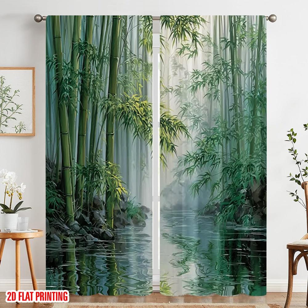 2pcs 2D flat printing Window Drapes Tranquility bamboo forest 100% Polyester Without Electricity Party Decorations for Home Wall
