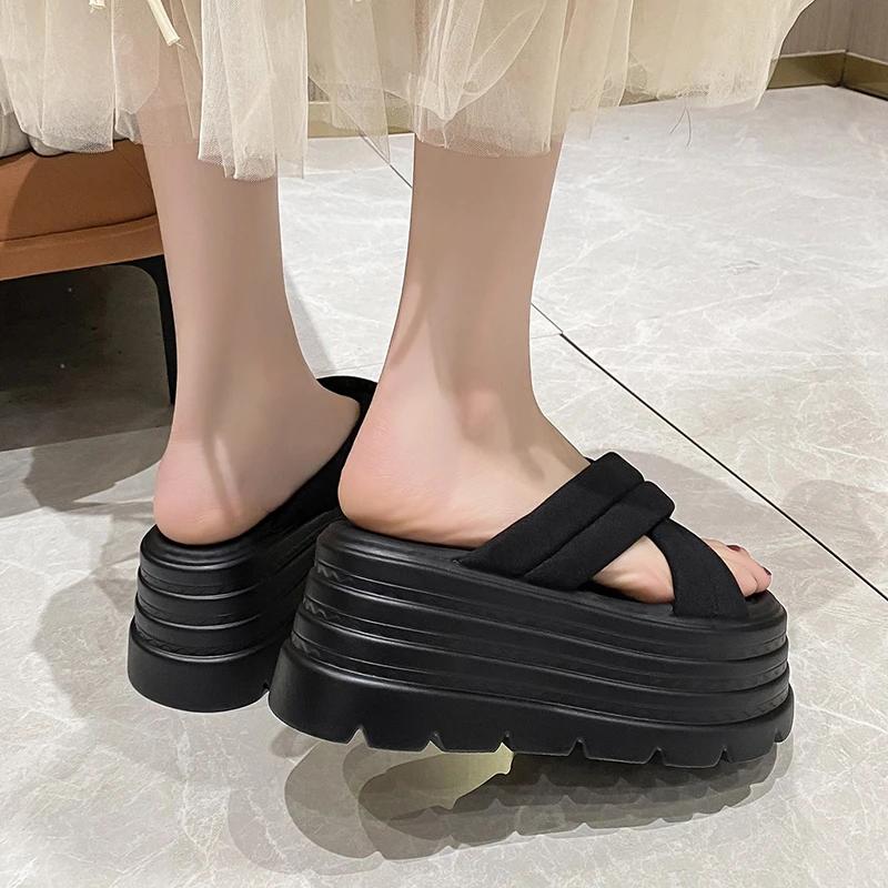 Fashion 8CM High Platform Slippers For Women Open Toe Leather Wedges Chunky Sandals New 2025 Summer Thick Bottom Female Beach Flip Flops