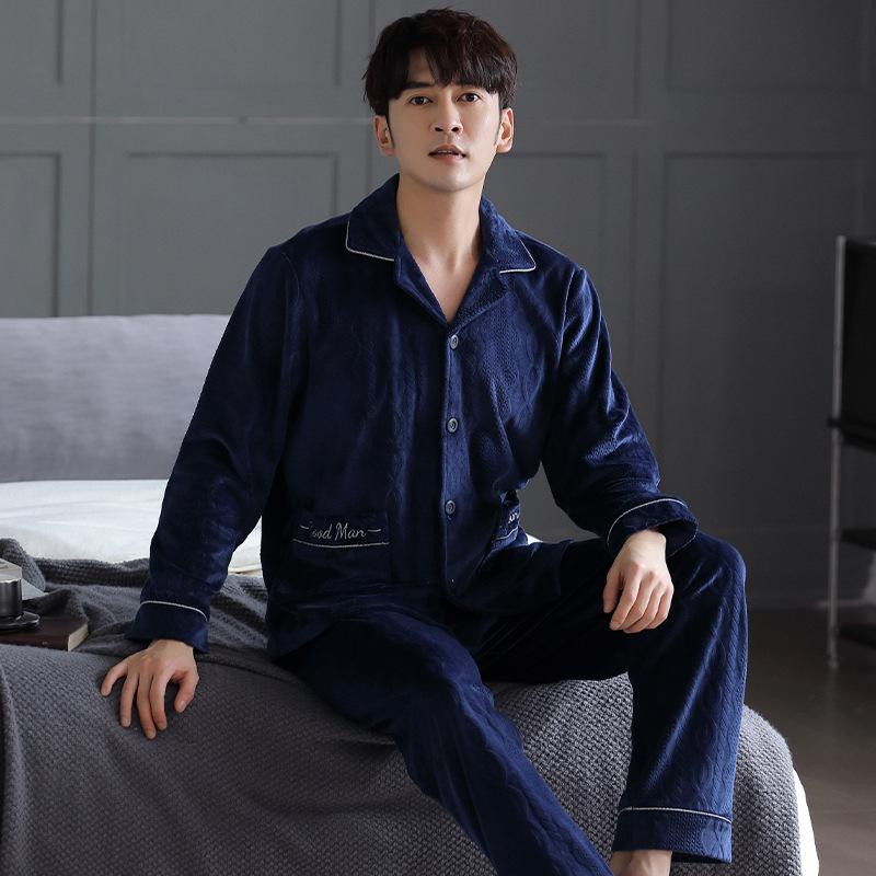 Pajamas Men'S Autumn And Winter Fleece Thickened Warm Coral Fleece Island Fleece Homewear Suit Men'S