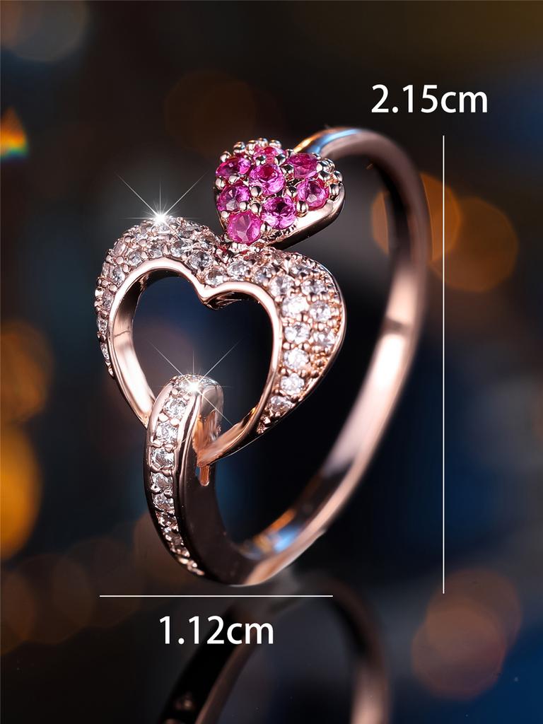 Luxury Female Rose Red Zircon Stone Heart Finger Ring Vintage Gold Color Wedding Band Bridal Jewelry For Women