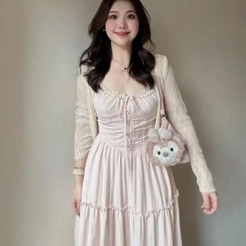 Pink French Lace Patchwork Camisole Dress - Gentle Summer Vacation Style Fairy Long Dress