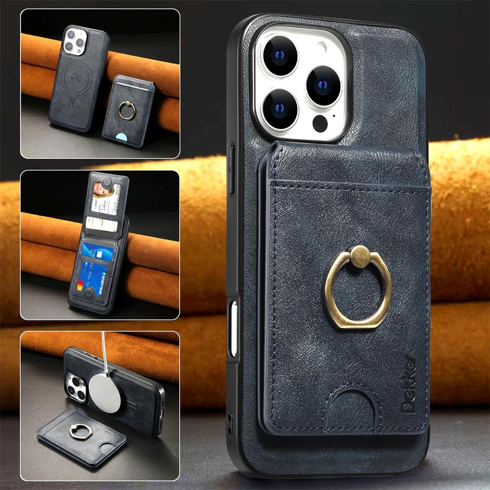 2 in 1 leather Case for IPhone 17 16 Promax 15 Plus 14 13 12 Pro Max Bracket Card Holder Wireless Charging Iphone16 Phone Cover