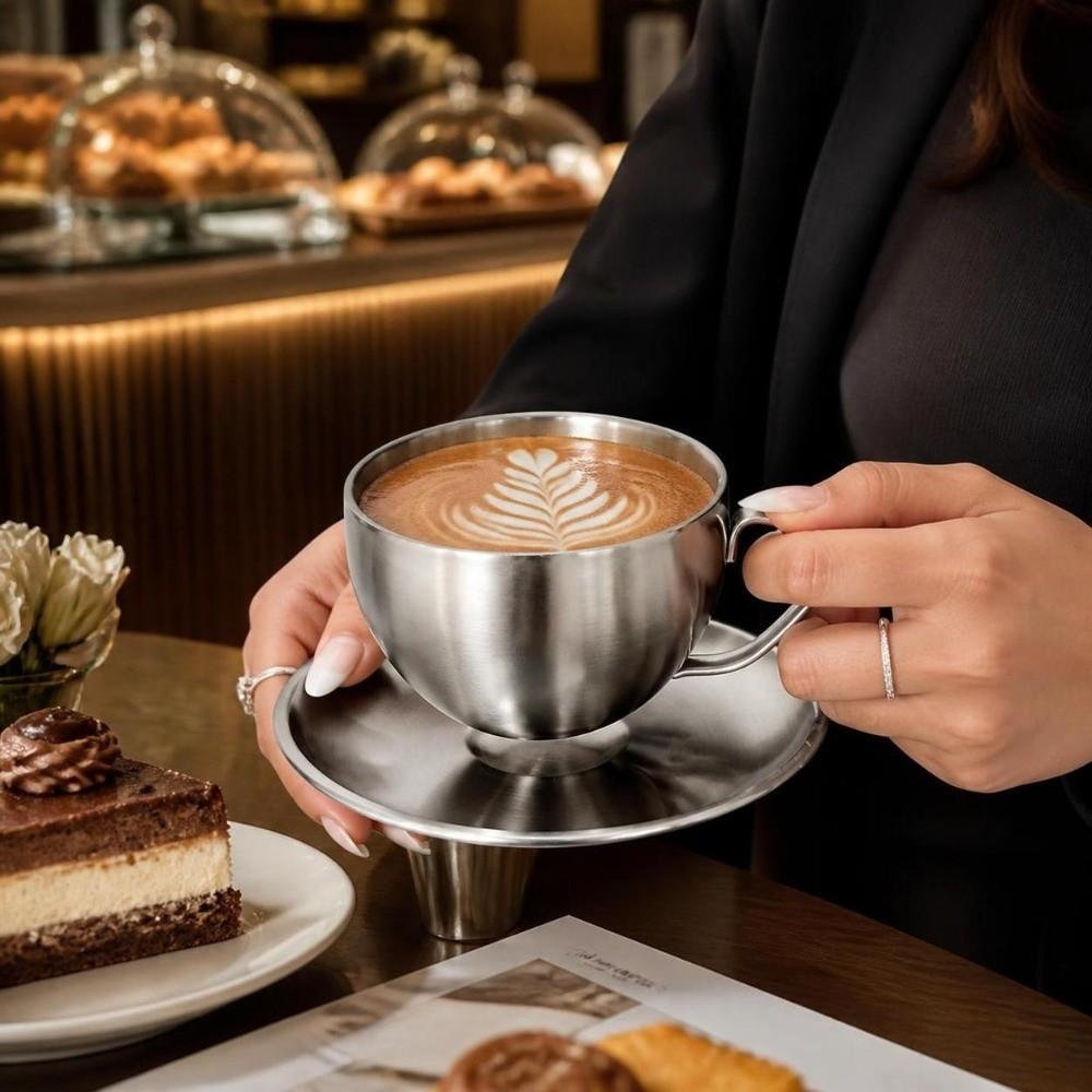 Heat Resistant Coffee Mug Stainless Steel Tea Mug Luxury Cup Saucer Set  Household Coffee