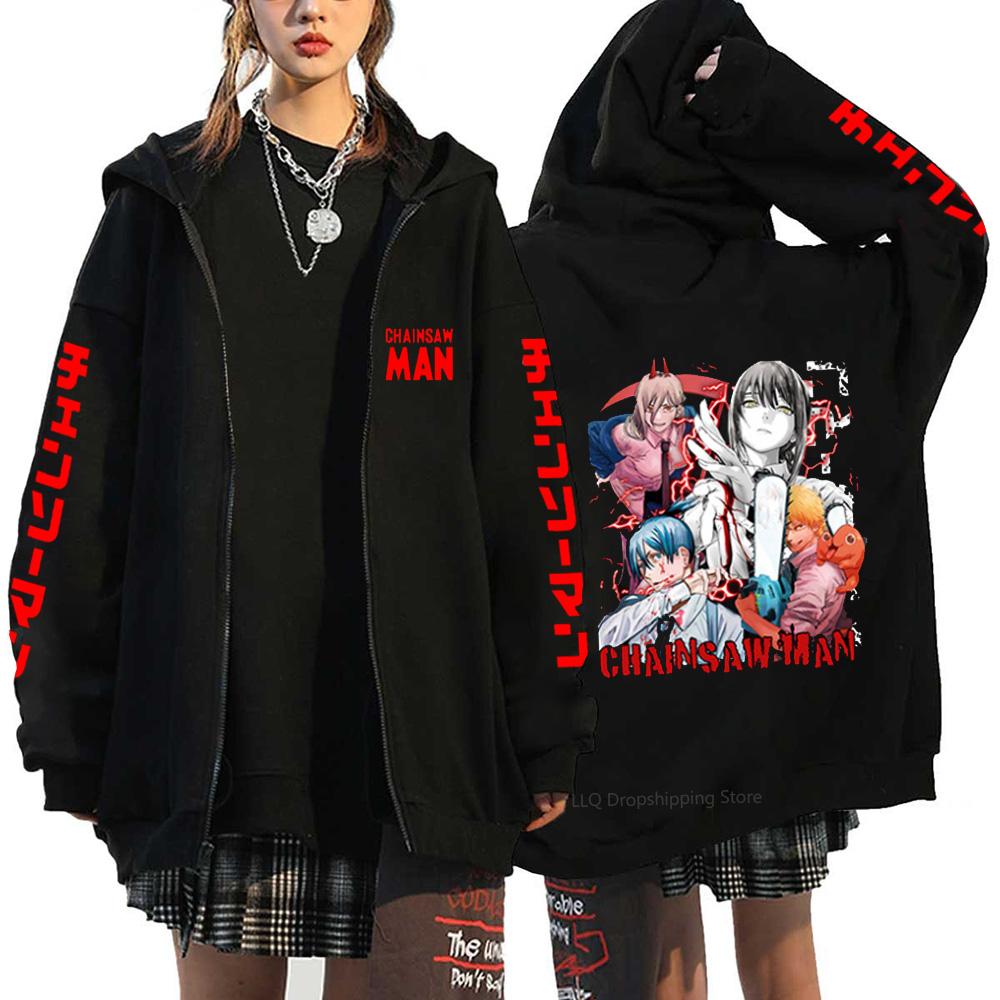 Anime Chainsaw Man Makima Cool Print Hooded Men Women Hot Manga Zip Up Hoodies Plus Size Sweatshirt Harajuku Male Zipper Jacket