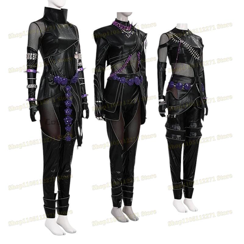 Kpop Demons Hunters Rumi Cosplay Kostyme Parykk Svart Lær Kampdrakt Voksen Kvinner Kåpe Bukser Belte Hansker Halloween Fest