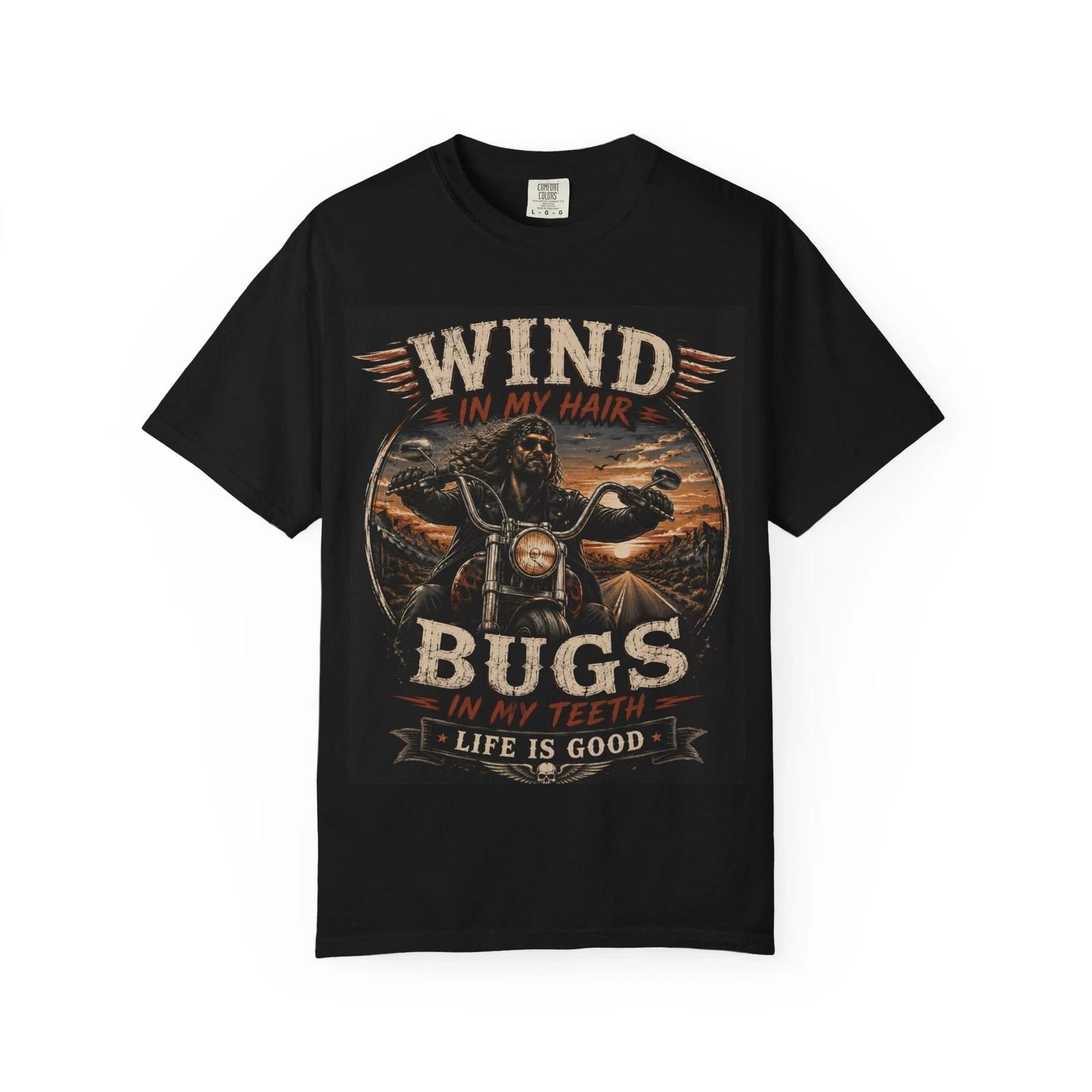 Wind in My Hair Bugs in My Teeth T-shirt | Biker Skull Motorcycle Tee XL