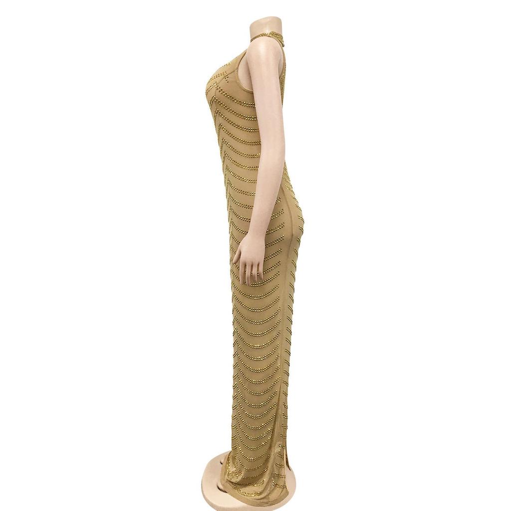 X5259 European Fashion Sexy Rhinestone Backless Nightclub Party Dress - See-through Long Dress for Women