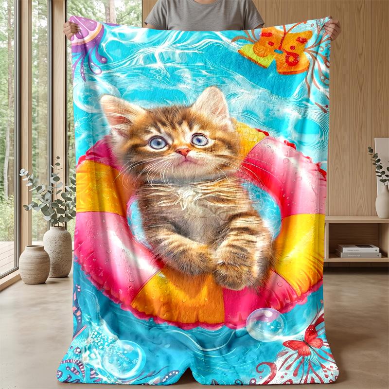 Kitten and Rubber Duck In Waves Theme Blanket Lightweight Warm Flannel Blanket Decorative Throw Blanket for Home Decoration
